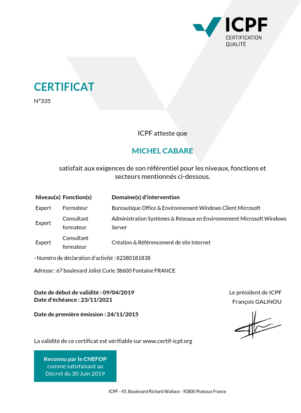 certificat ICPF CNEFOP formateur Expert windows server a grenoble